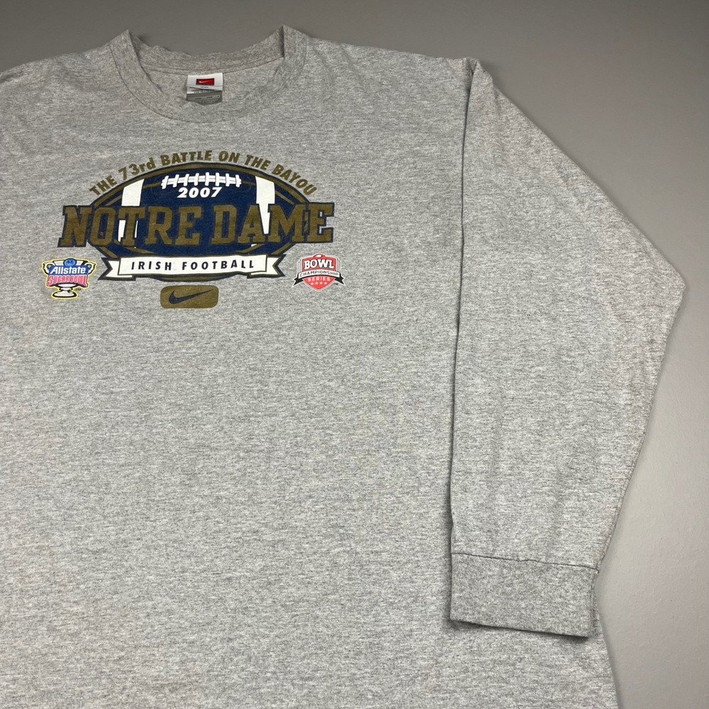 Nike T-Shirt Mens XXL Gray Notre Dame Irish Football 2007 Sugar Bowl Long Sleeve